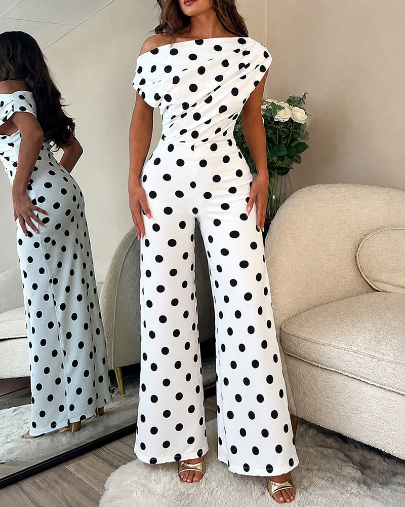 Women's Polka Dot Jumpsuit Skew Neck Ruched Wide Leg Overalls Casual High Waisted Jumpsuit with Pockets
