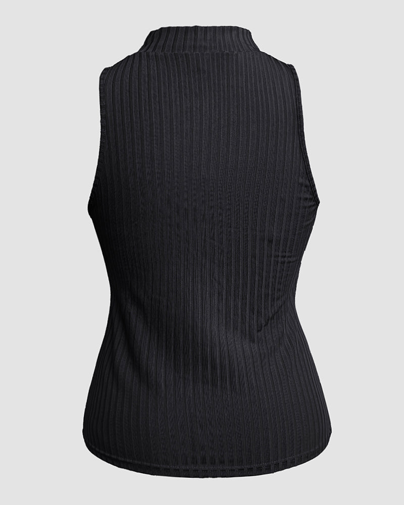 Ribbed O-Neck Slim Fit Zipper Thick Strap Mental O-ring Cinch Waist Tank Casual Top