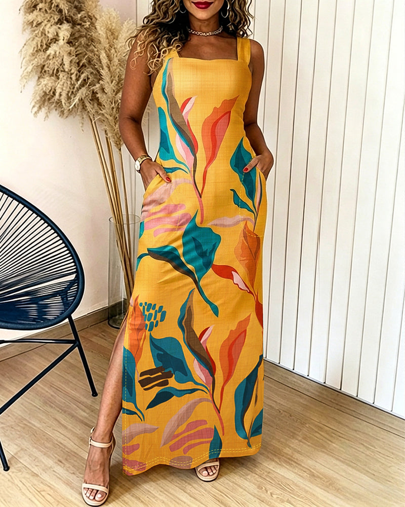 Plants Placement Print Square Neck Thick Strap Side Slit Maxi Dress Casual Vacation Dress with Pockets