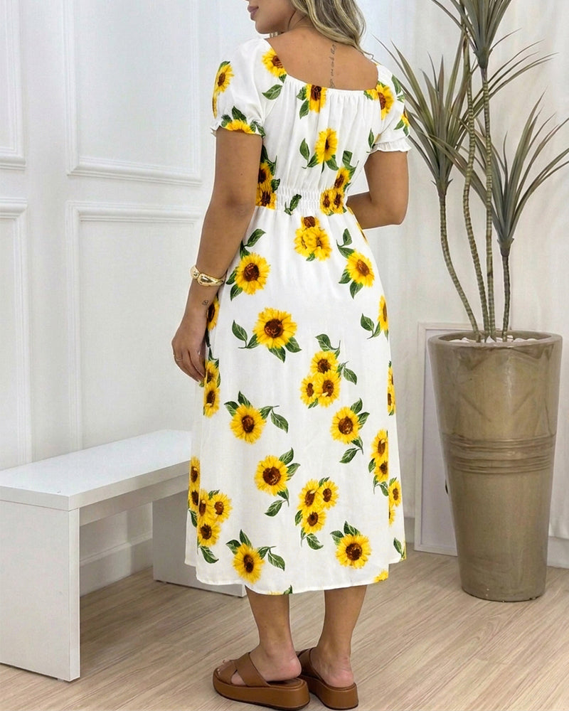 Women's Sunflower Print Midi Dress Puff Sleeve Tie Neck Sundress Shirred Back Slit A-Line Vacation Dress with Lining