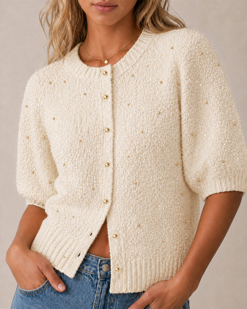 Women's Boucle Knit Cardigan Gold Beaded Puff Sleeve Sweater Crewneck Button Up Elegant Crop Outerwear