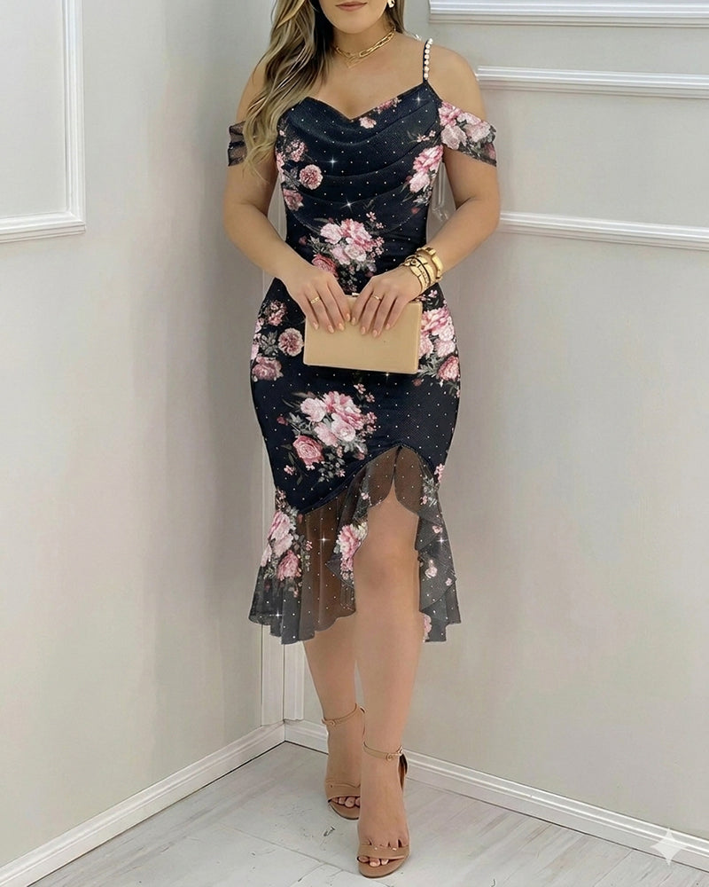 Women's Floral Mesh Slit Dress Rhinestone Pearls Decor Straps Cold Shoulder Ruffle Hem Dress Sexy Bodycon Party Dress