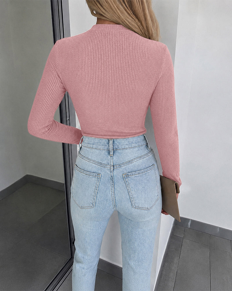 Women's Overlap V Neck Long Sleeve Ribbed Knit Top Rhinestone Side Button Ruched Slim Fit Asymmetric Hem Sweater