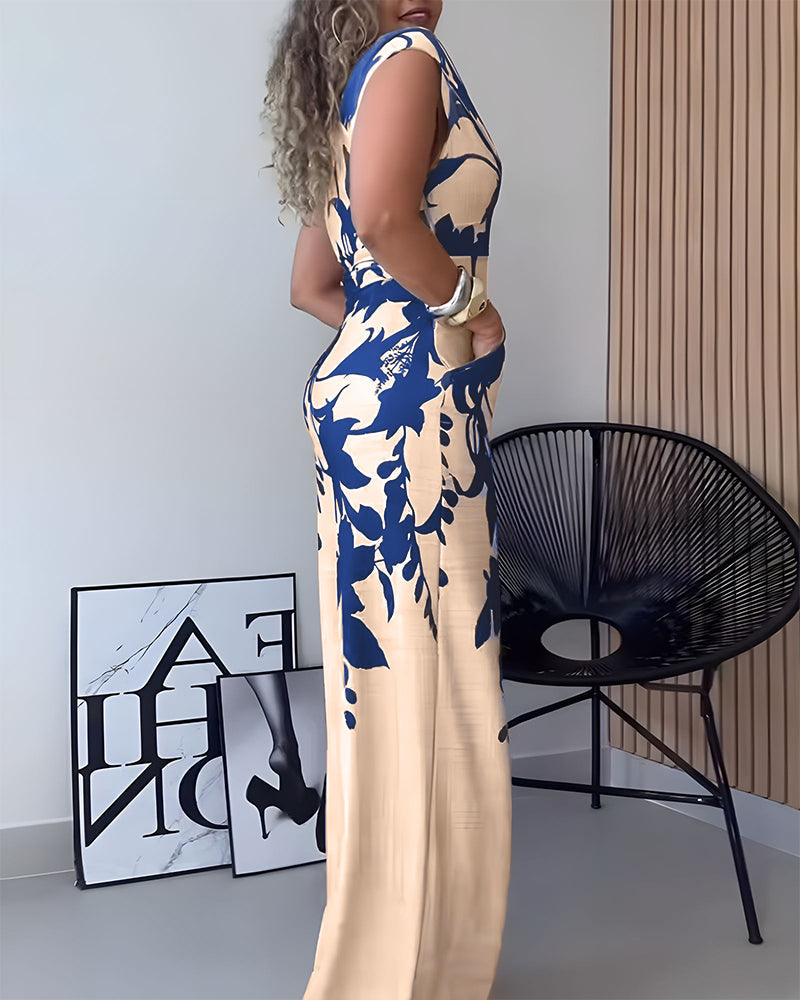 Floral Print Off Shoulder Sleeveless Deep V-Neck Jumpsuit Casual Zipper Side Wide Leg Jumpsuit
