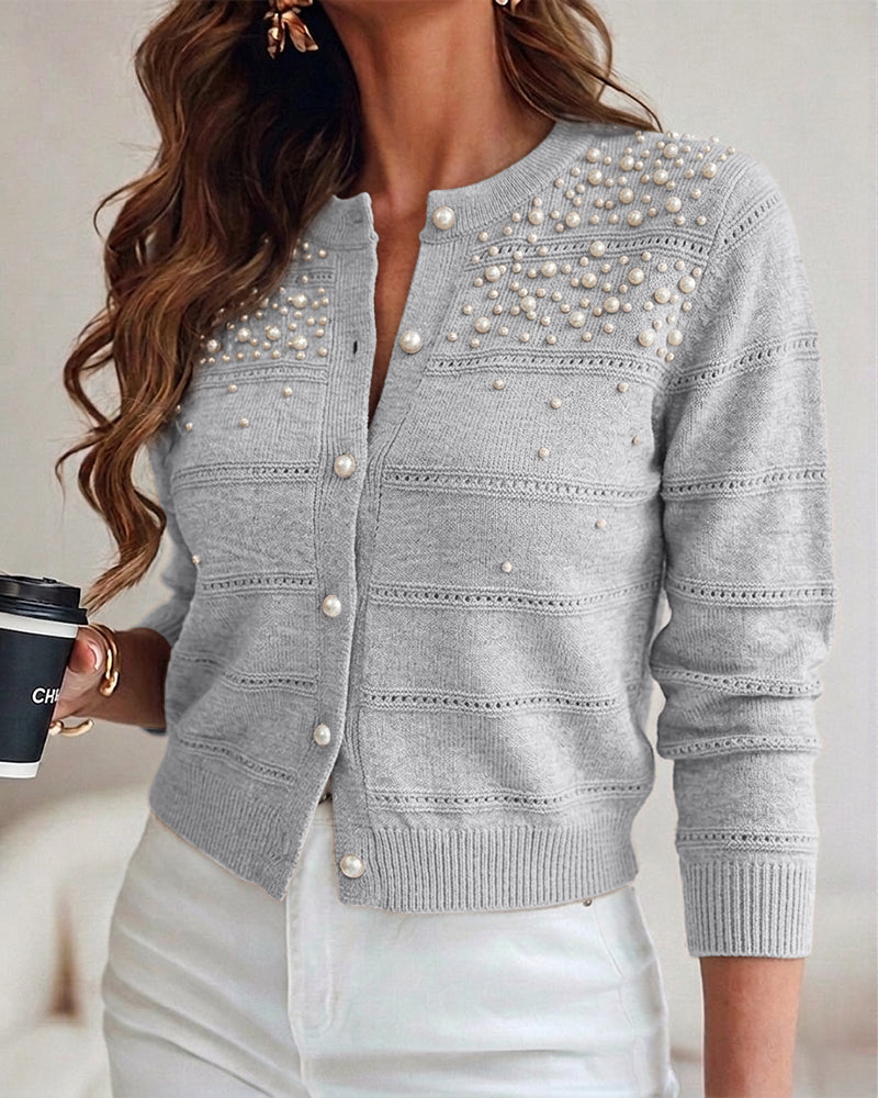 Women's Pearl Beaded Knit Cardigan Elegant Hollow Out Crop Sweater Casual Button Down Coat