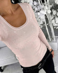 Women's Rhinestone Embellished Ribbed Long Sleeve Layering Top Slim Fit U-Neck Knit Tee Elegant Stretchy Pullover
