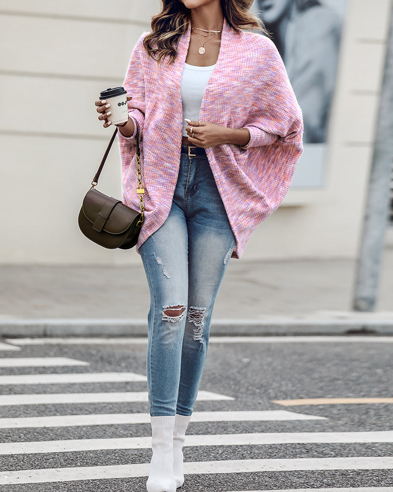 Colorful Waffle Knit Open Front Coat Batwing Long Sleeve Cardigan