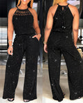 Women's Glitter Halter Tie Jumpsuit Casual Hollow Out Wide Leg Overalls Sparkling Drawstring Waist Jumpsuit with Pockets