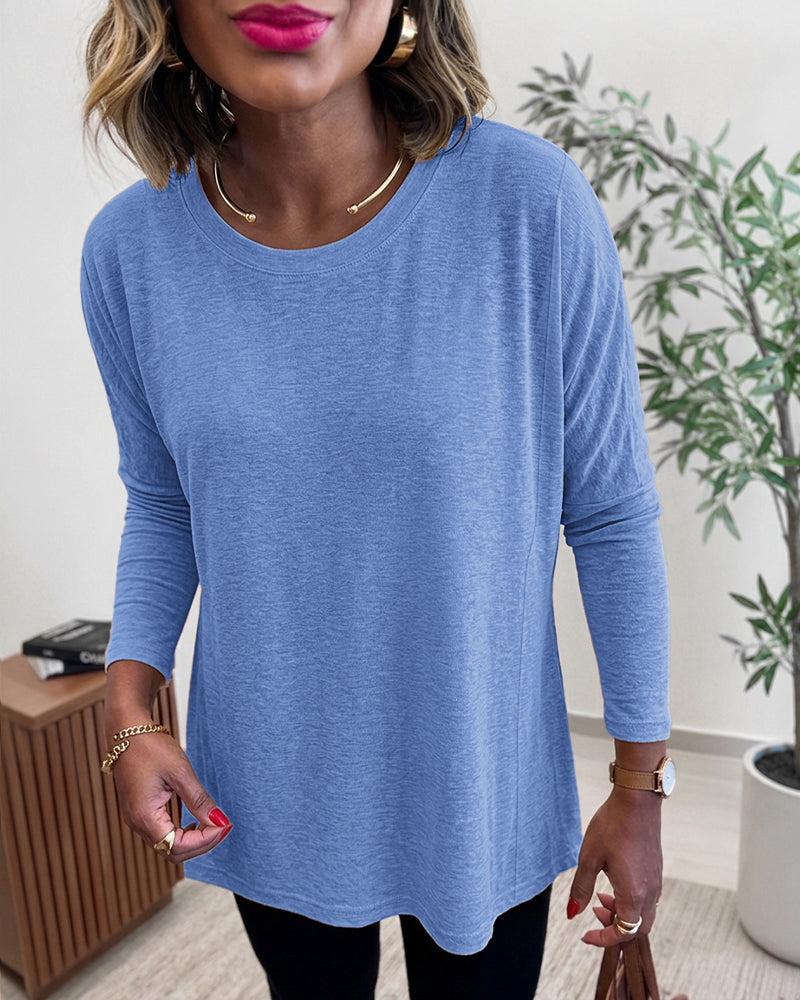 Women's Asymmetric Hem Long Sleeve Top Loose Fit Dropped Shoulder Crewneck Soft Slouchy Casual Tee