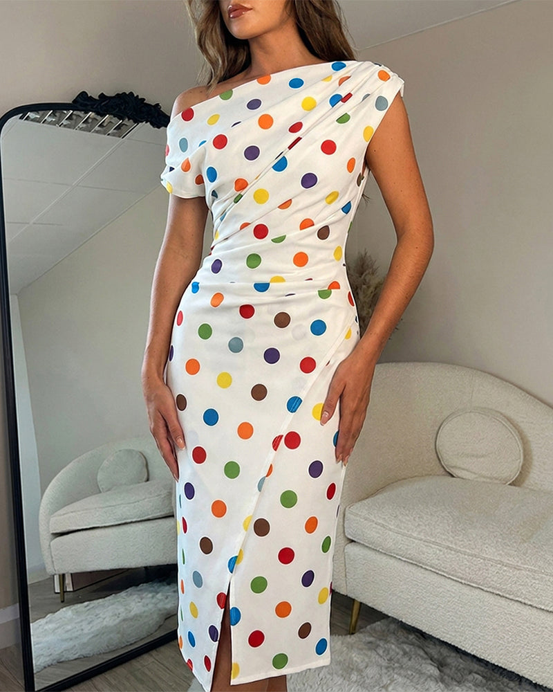 Women's Skew Neck Midi Dress Colorful Polka Dot Ruched Bodycon Dress Elegant Slit French Style Wrap Vacation Dress