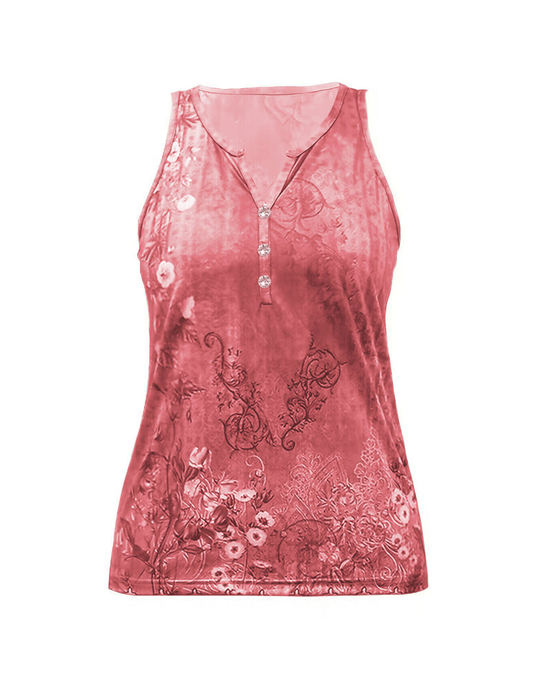 CHICME Women's Casual Floral Print Tank Top Sleeveless Notch Neck Vest with Rhinestone Accents
