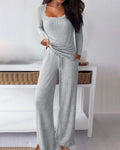 Women's Ribbed Knit Lounge Set Lace Trim Square Neck Long Sleeve Top and Straight Leg Drawstring Pants with Pockets