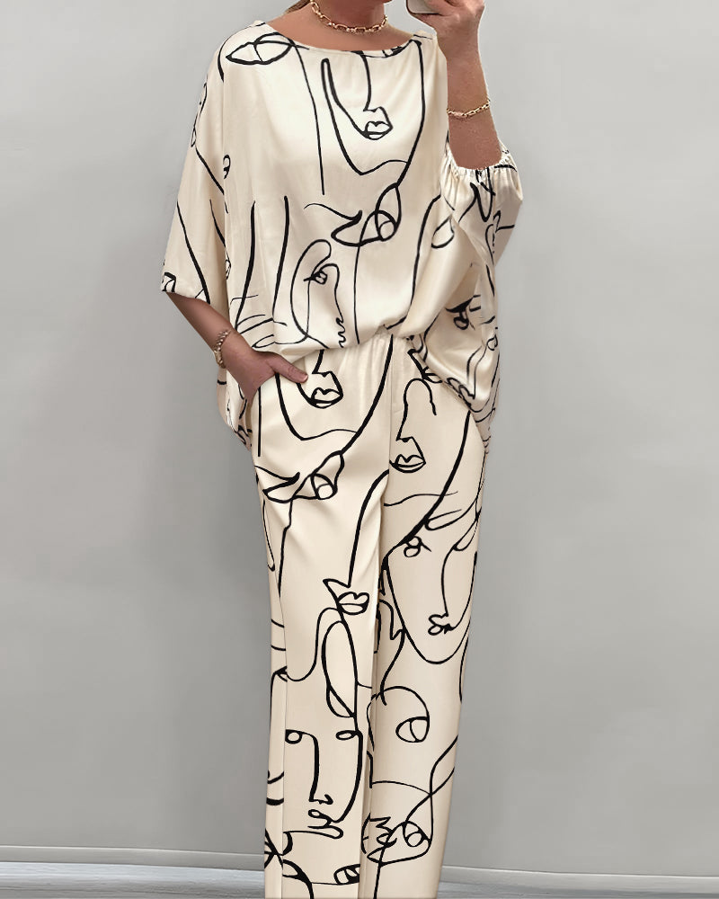 Women's Abstract Face Print Two Piece Outfits Boat Neck Batwing Sleeve Top and High Waisted Wide Leg Pants Set with Pockets