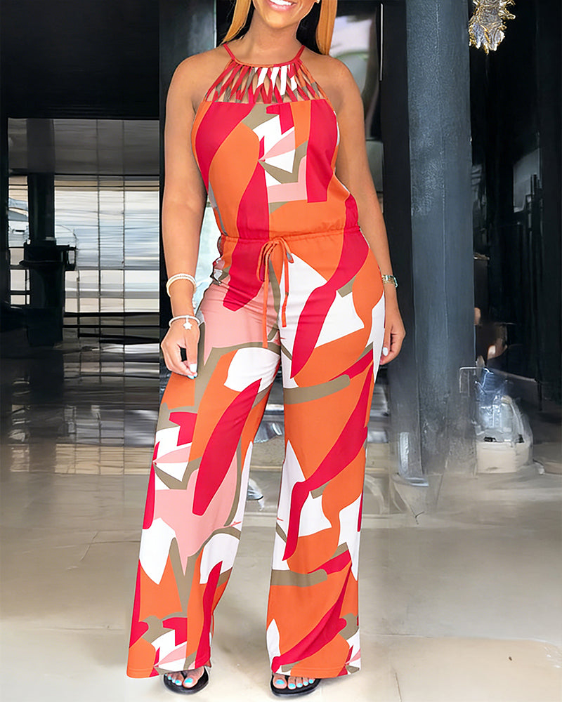Women's Geometric Print Halter Tie Jumpsuit Criss Cross Neck Hollow Out Wide Leg Romper High Waist Drawstring Jumpsuit