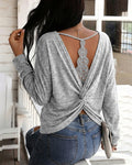Women's Long Sleeve Knit Top Backless Twist Lace Panel Casual Tee