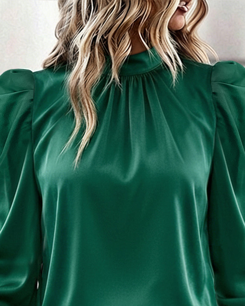 Women's Satin Blouse Mock Neck Puff Sleeve Shirt Back Tie Bow Elegant Ruched Shirt Shirred Frill Cuff Work Top
