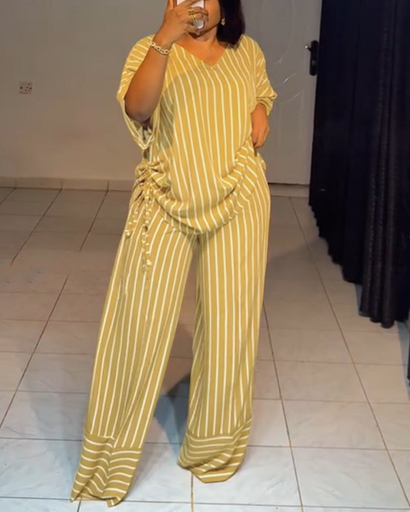 Women's Striped 2 Piece Outfits V Neck Short Sleeve Drawstring Top and Wide Leg Pants Set with Pockets