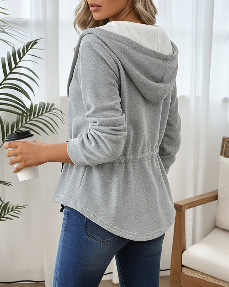 Women's Hooded Drawstring Waist Jacket Casual Zip Up Curved Hem Coat