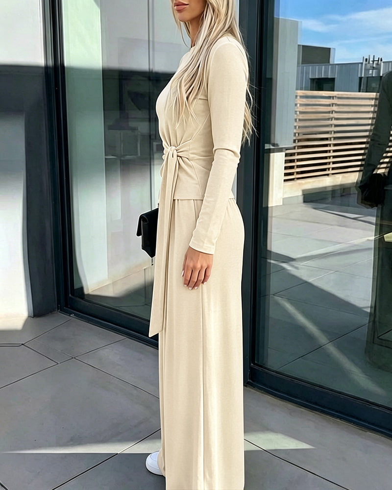 CHICME ESSENCE Women's 2 Piece Knit Lounge Set Long Sleeve Tie Waist Top and High Waisted Wide Leg Pants Casual Soft Sweatsuit with Pockets