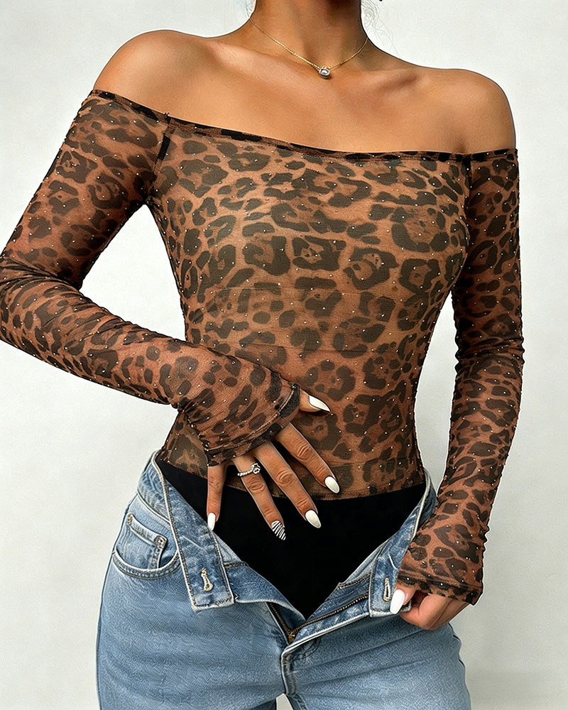 Allover Rhinestone Decor Leopard Print Off Shoulder Long Sleeve Slim Fit Sheer Mesh Bodysuit with Thumb Hole Cuffs