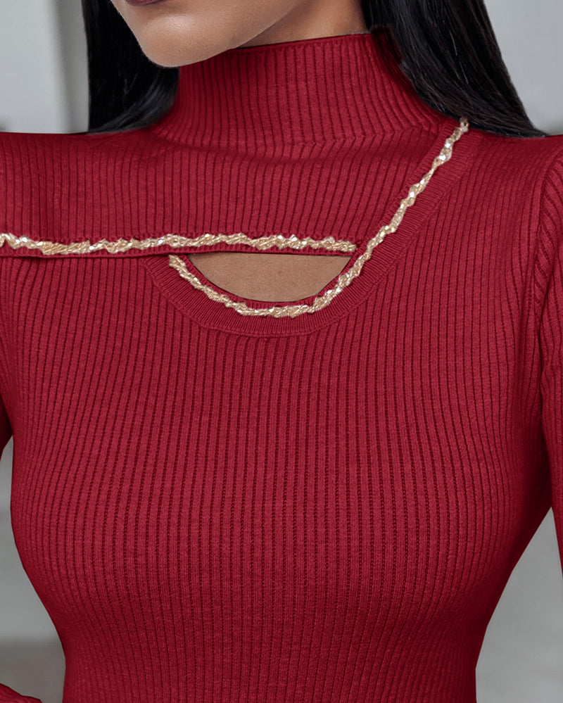 High Neck Long Sleeve Beaded Knit Sweater Hollow-out Fleece Lined Basic Layering Soft Versatile Thermal Top