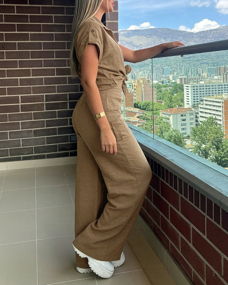 Women's 2 Piece Set Roll Up Sleeve Button Down Shirt and High Waist Wide Leg Pants