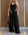 Women's 2 Piece Outfits Sleeveless Slim Fit Bodysuit and Rhinestone High Waist Ruched Wide Leg Pants Set