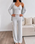 CHICME ESSENCE Women's 3 Piece Outfits Lace Cami Top and Long Sleeve Cardigan and Straight Leg Pants Set Casual Lounge Sleepwear Suits