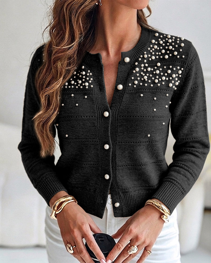 Women's Pearl Beaded Knit Cardigan Elegant Hollow Out Crop Sweater Casual Button Down Coat