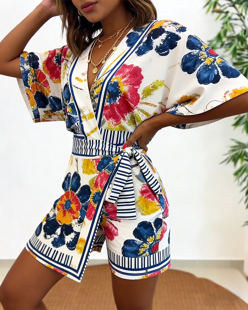 Women's Oil Painting Floral Print Romper V Neck Wrap Knot Side Jumpsuit Half Sleeve Beach Vacation Summer Skorts Romper