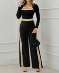 Sequin Bowknot Decor Contrast Sequin Paneled Square Neck Long Sleeve Jumpsuit Casual Cinched Waist Wide Leg Jumpsuit