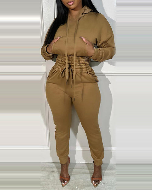 2 Pieces Outfit Drop Shoulder Kangaroo Pocket Stretchy Hem Crop Drawstring Hoodie Sweatshirt And Drawstring Elastic Waist Jogger Sweatpants Casual Tracksuit