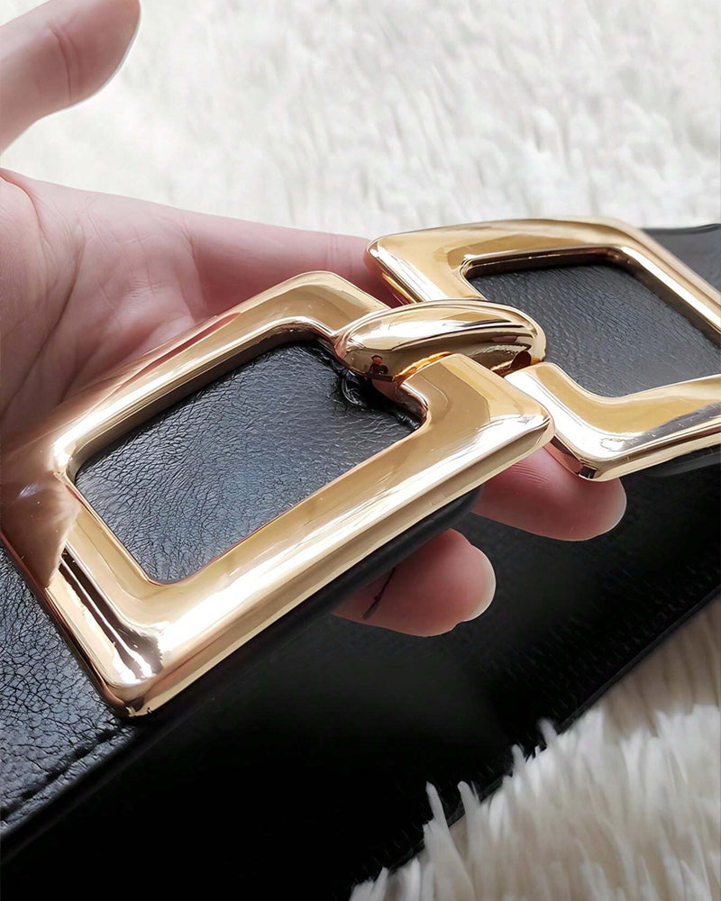 Wide Elastic Belt Fashion Square Gold Buckle Stretch Dress Belt Waistband