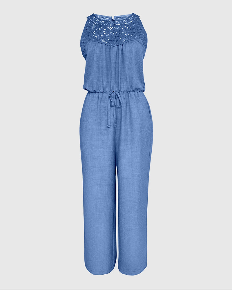 Women's Halter Jumpsuit Lace Trim Backless Overalls Tied Detail Wide Leg Jumpsuit with Pockets