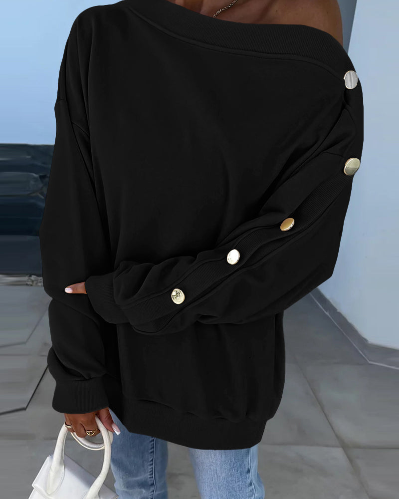 Skew Neck Buttoned Sweatshirt Casual Long Sleeve Pullover Tops Outfits