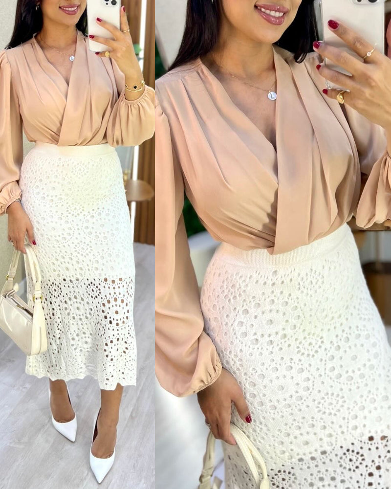 Crochet Pattern Elastic Waist Hollow-out Mid-Calf Skirt Casual Commuting Skirt