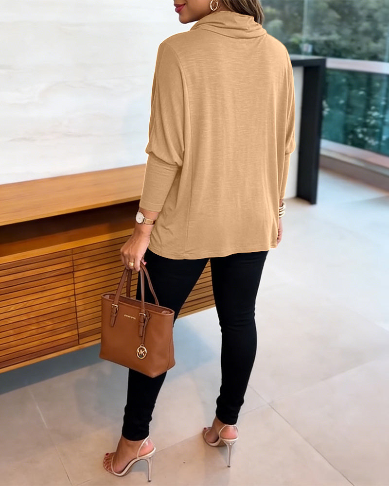 Women's Cowl Neck Batwing Sleeve Top Casual Long Sleeve Loose Pullover Comfortable Soft Drape Blouse