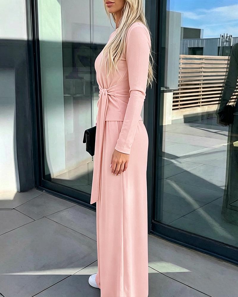 CHICME ESSENCE Women's 2 Piece Knit Lounge Set Long Sleeve Tie Waist Top and High Waisted Wide Leg Pants Casual Soft Sweatsuit with Pockets