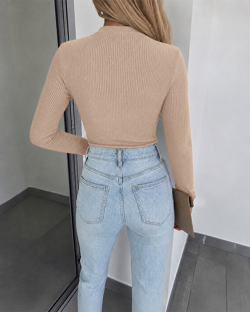 Women's Overlap V Neck Long Sleeve Ribbed Knit Top Rhinestone Side Button Ruched Slim Fit Asymmetric Hem Sweater