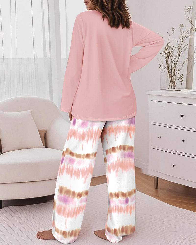 2 Pieces Outfit Letter Print Long Sleeve Top and Tie Dye Print Elastic Waist Pants Set Casual Pajamas Set
