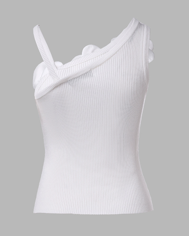 2 Pack Solid 3D Flower Tank Top Asymmetrical Neck Sleeveless Casual Ribbed Knit Camisole