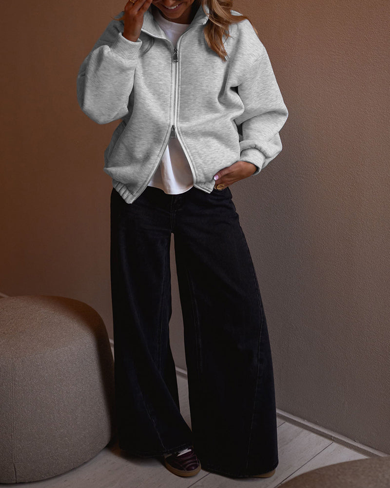 Women's Two-Way Zipper Front Stretchy Hem Coat Stand Collar Drop Shoulder Sweatshirt with Pockets