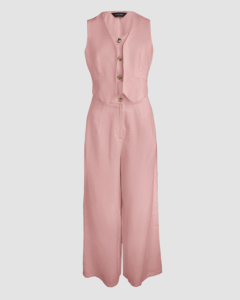 Women's Two Piece Outfits Faux Two Piece Sleeveless Crop Top and High Waisted Wide Leg Pants Elegant Matching Suit
