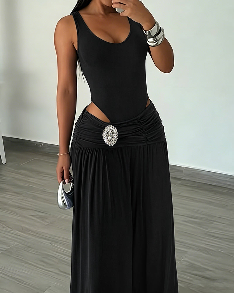 Women's 2 Piece Outfits Sleeveless Slim Fit Bodysuit and Rhinestone High Waist Ruched Wide Leg Pants Set