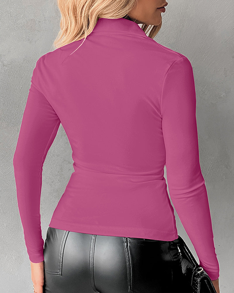 Long Sleeve Button Down Shirt Collar Neck Ruched Fitted Top