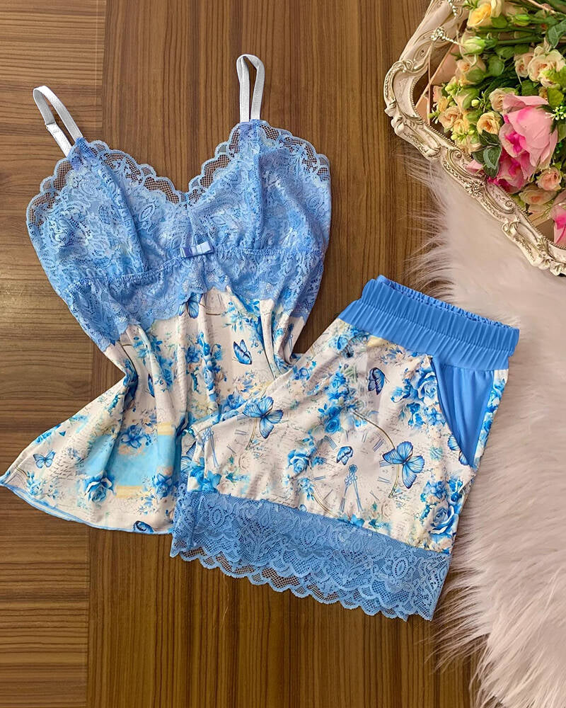 CHICME ESSENCE Women's Butterfly Floral Print Pajama Set Lace Spliced V-Neck Cami Top and Elastic Waist Shorts 2-Piece Sleepwear Set with Adjustable Straps