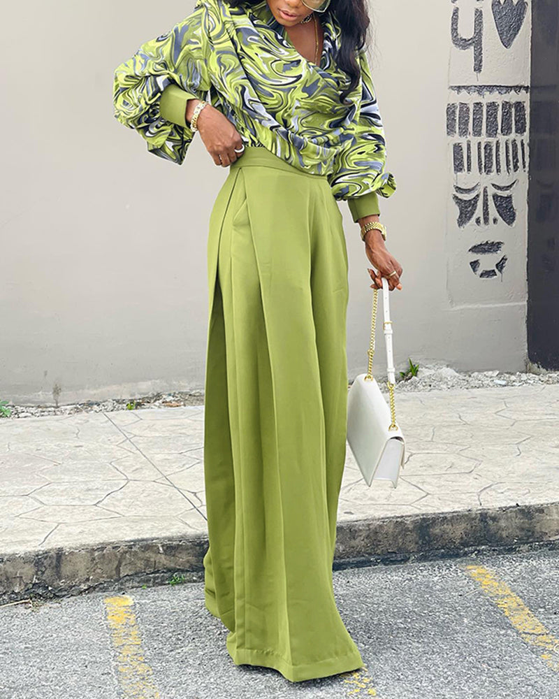 2 Pieces Outfit Abstract Print Cowl Neck Lantern Sleeve Stretchy Hem Crop Top and Casual Zipper Side Ruched Wide Leg Pants Set