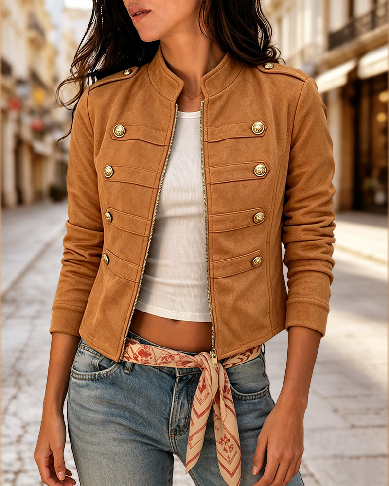 Women's Suede Crop Bomber Jacket Casual Stand Collar Double Breasted Gold Button Coat