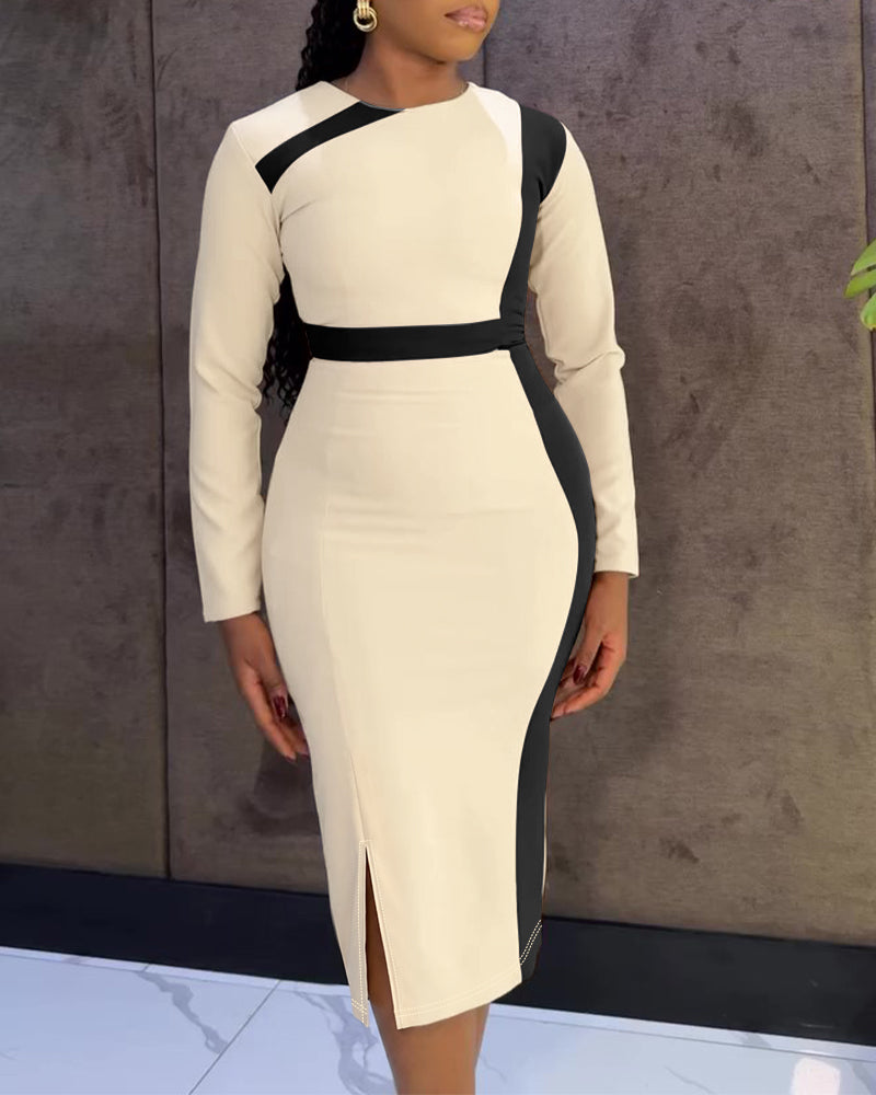 Women's Contrast Binding Midi Dress Long Sleeve Office Pencil Dress Slim Fit Side Slit Dress