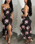 Women's Floral Cowl Neck Cami Midi Dress Casual Rhinestone Mesh Vacation Dress Slit Ruffle Hem Sundress